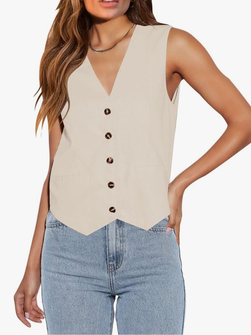 Sleeveless V-Neck Button Front Vest Top - Beige